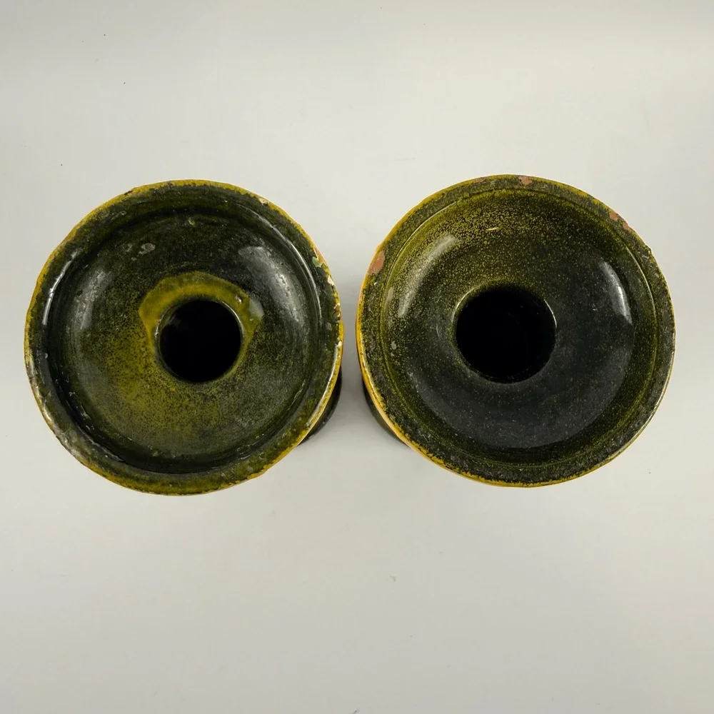 Bitossi Rosenthal Netter Italian Pottery Candle Holders Green Yellow Pair